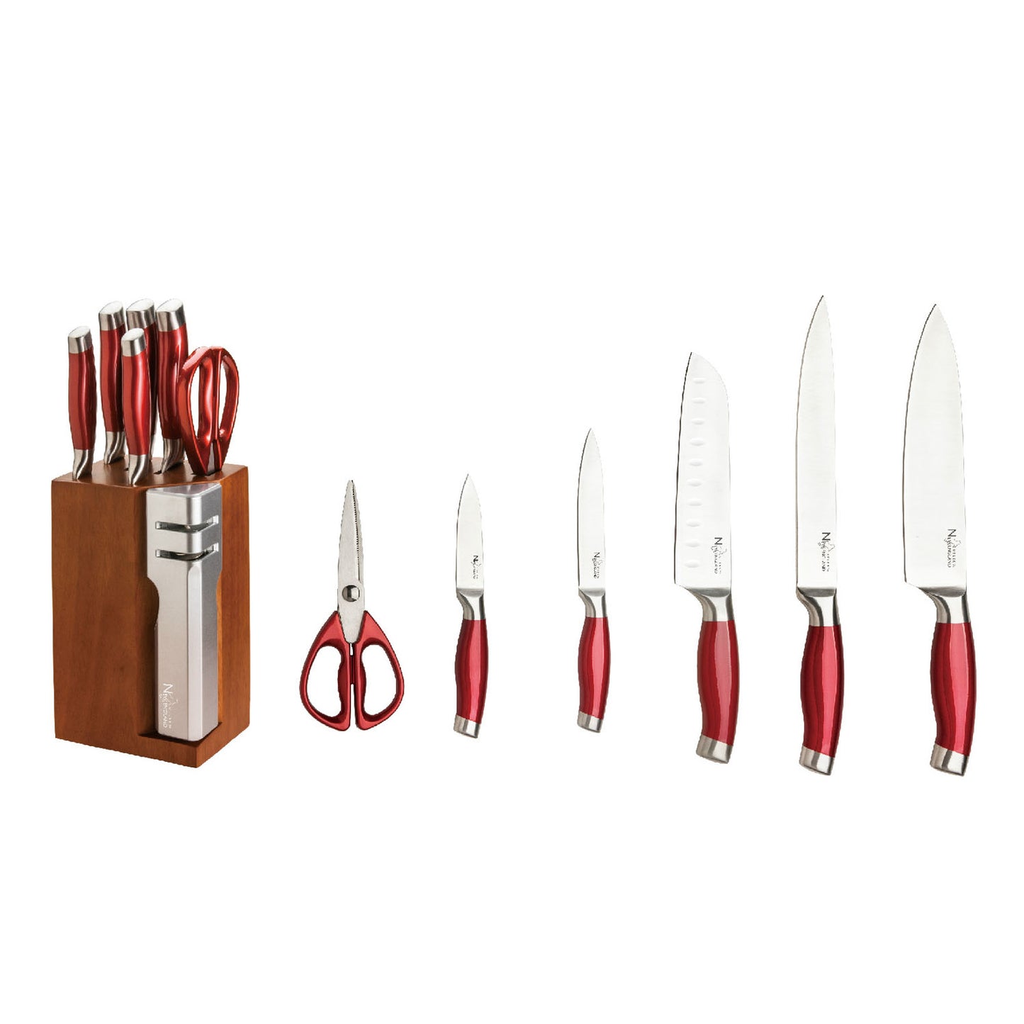 7 piece Stainless Steel Cutlery Set with detachable knife sharpener - Red