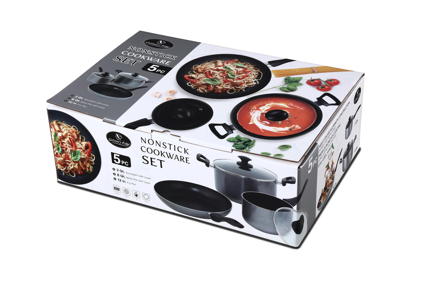 5PC NONSTICK COOKWARE SET - 3QT SAUCEPAN, 8QT STOCK POT, 12" FRYPAN