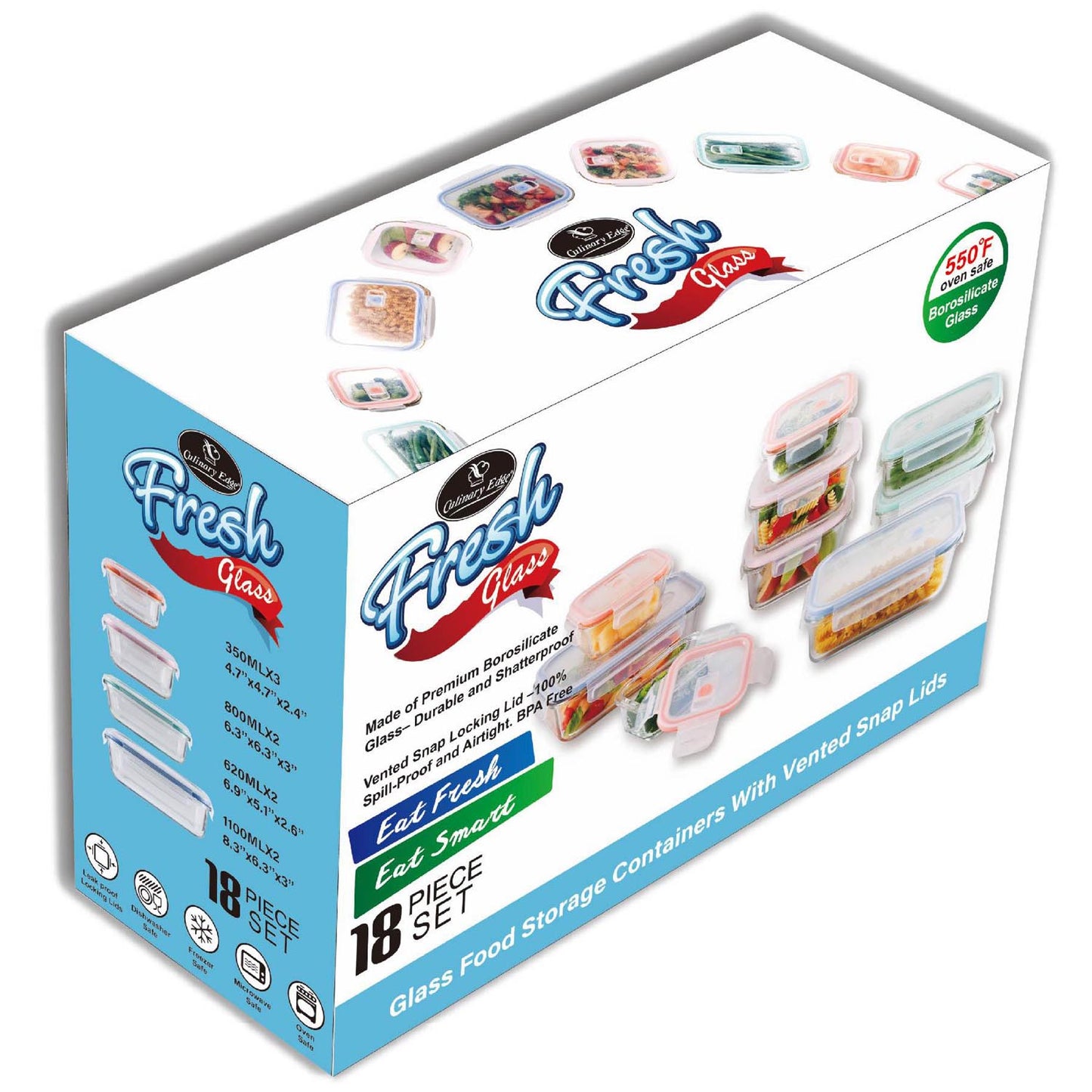 FRESH GLASS,18 PC FOOD STORAGE CONTAINERS WITH VENTED SNAP LIDS