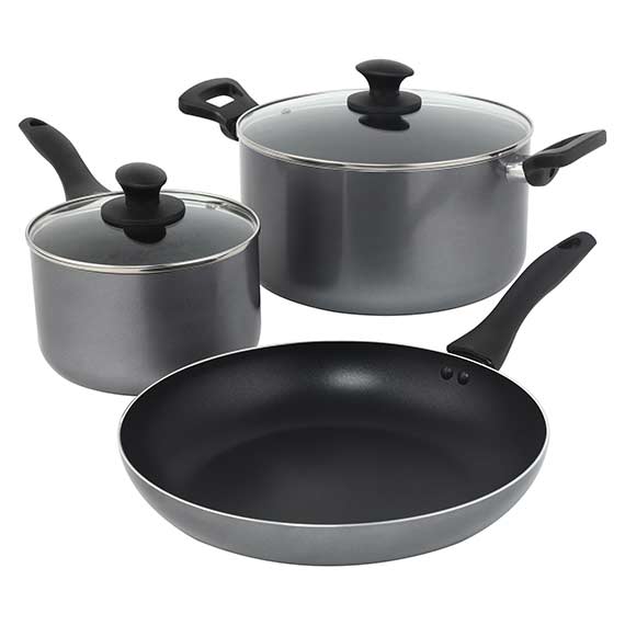 5PC NONSTICK COOKWARE SET - 3QT SAUCEPAN, 8QT STOCK POT, 12" FRYPAN