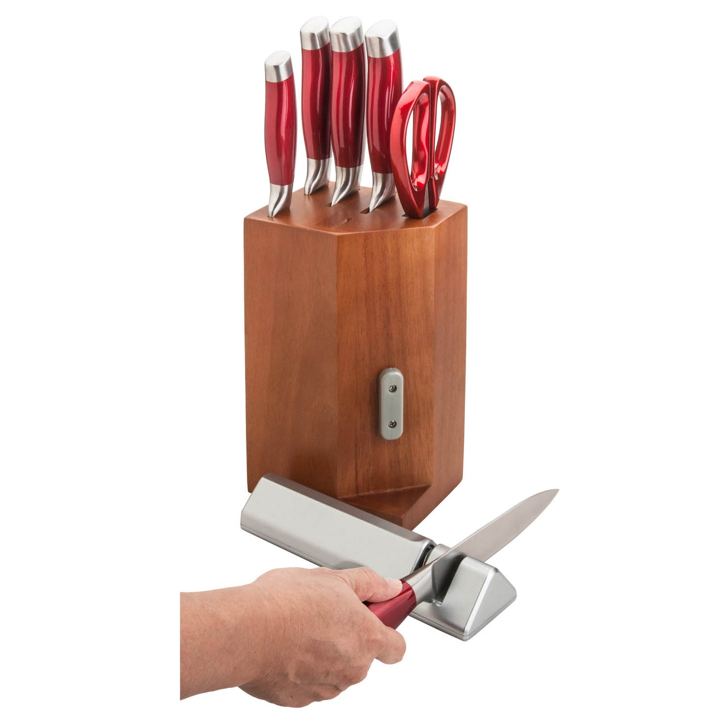 7 piece Stainless Steel Cutlery Set with detachable knife sharpener - Red